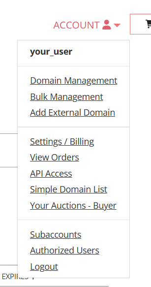 Porkbun account dropdown